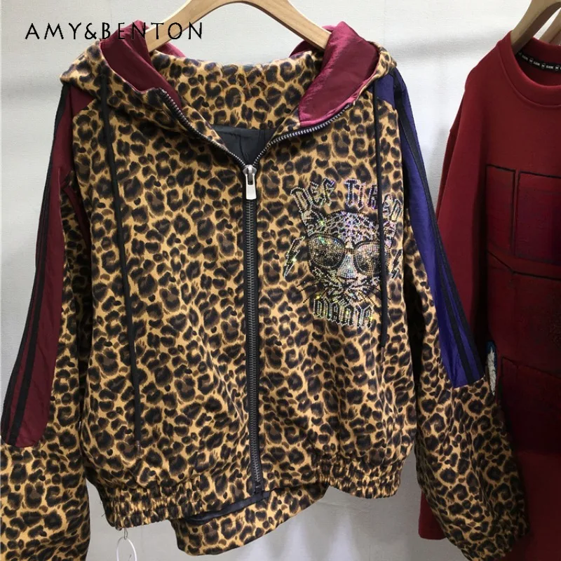 

Heavy Industry Diamond Drills Jacket Light Luxury Leopard Print Cool Cartoon Casual Short Cardigan Coat Loose Fall Jaqueta Women