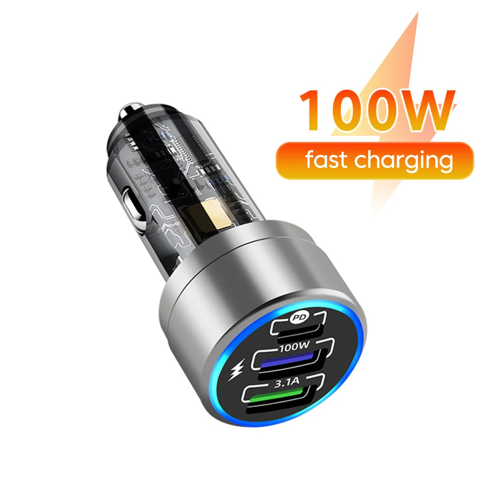 

3-портовое автомобильное зарядное устройство мощностью 100 Вт, 2 USB + тип C, быстрая зарядка, автомобильное зарядное устройство для телефона, адаптер автомобильного прикуривателя для iphone 15 16 Samsung Huawei Xiaomi