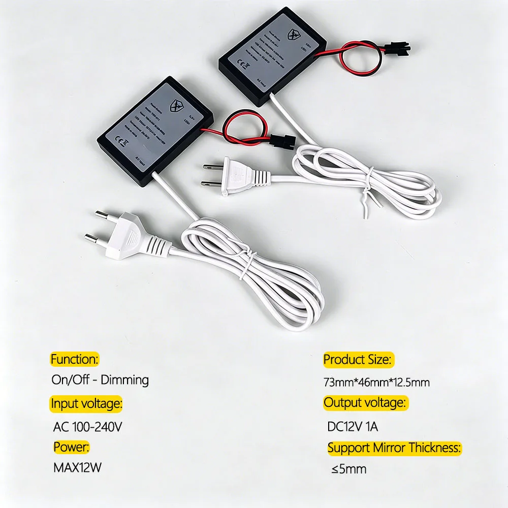 Bathroom Mirror Touch Dimmer Switch TSP-001 12V 1A Built-in LED Driver AC220V-DC12V For 1-5mm Glass Makeup LED Mirror EU US Plug