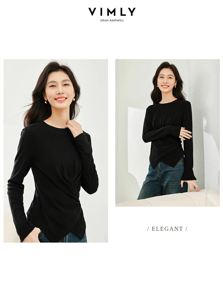 Vimly Autumn Black O-neck T-shirts Women's Pleated Irregular Long Sleeve Tops 2023 Fall Pullover Tshirt for Women Clothing M2522