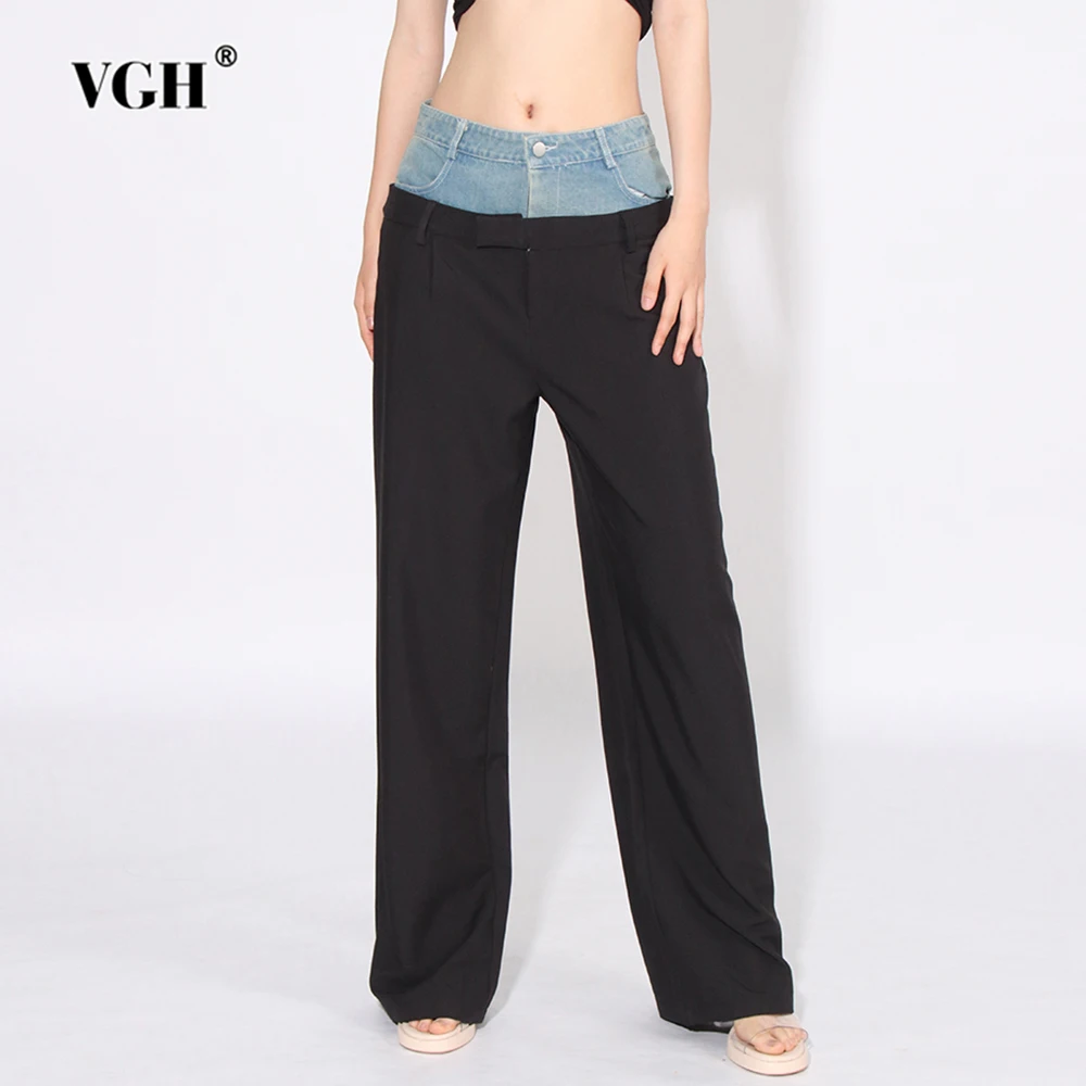 VGH Hit Color Patchwork Denim Casual Pant Dla Kobiet Wysoka Talia Spliced Pockets Minimalistyczne Luźne Szerokie Nogawki Spodnie Damskie Moda