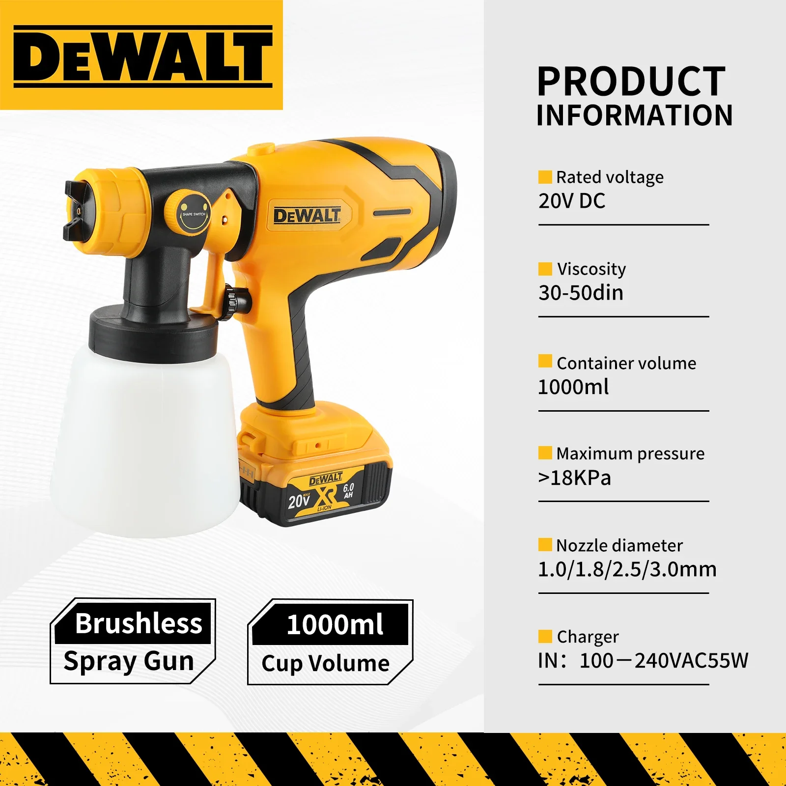 

DEWALT 20 В бесщеточный распылитель краски, чашка 1000 мл, 39000 об/мин, многофункциональная насадка для домашнего интерьера/внешнего живописи и проектов «сделай сам»