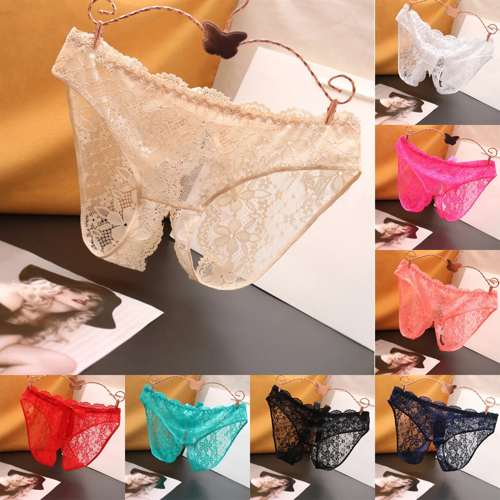 Erotic Lingerie Ladies Solid Lace Embroidery Sexy Panties Open Crotch Erotic Panties Low Waist Thin Breathable Traceless Panties