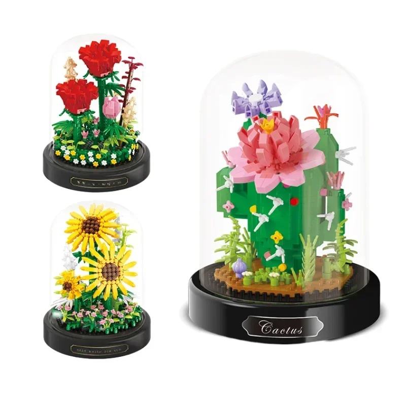 Mini DIY Flower Rose Building Blocks Eternal Life Bonsai Tree With Dust Cover Assembling Puzzle Bricks Toys For Girl Gifts Decor