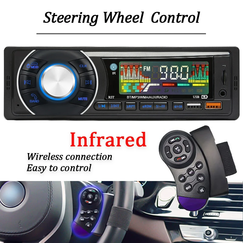 Hippcron Car Radio 1din Audio Bluetooth MP3 Player Stereo FM Receiver 12V Support Phone Charging AUX/USB/TF Card In Dash Kit