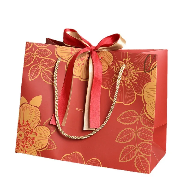 Red National Tide Wind Flower Packaging Bag Gift Portable Paper Bag with Double Silk