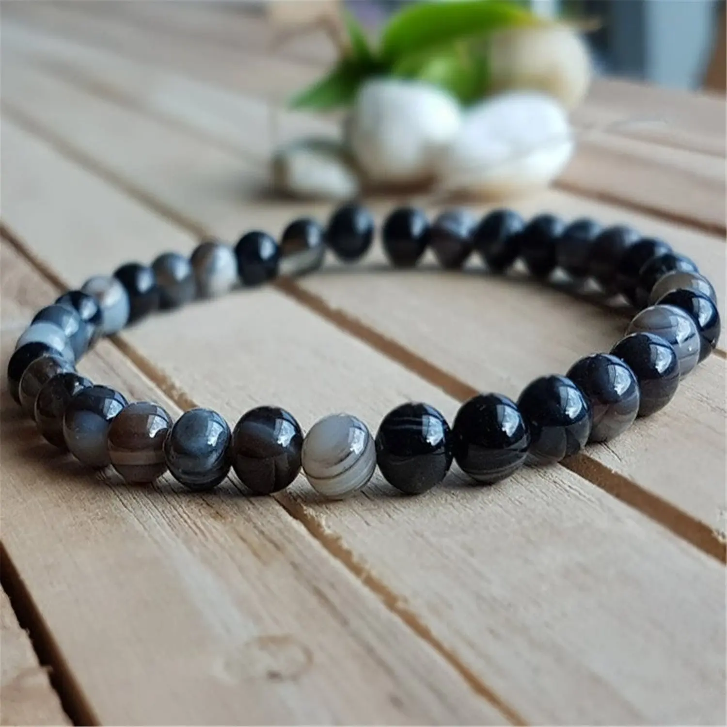 

6mm Natural Black Eye Agate Beads Bracelet 7.5inch Men's Charm Semi-Precious Stones Eco-Friendly Gift Cuff Mala