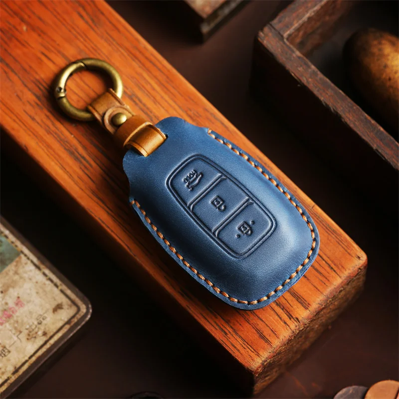 Leather Car Key Fob Case Cover For Hyundai Santa Fe/Veloster Palisade Accent Kona Electric Nexo Keychain Holder Accessories