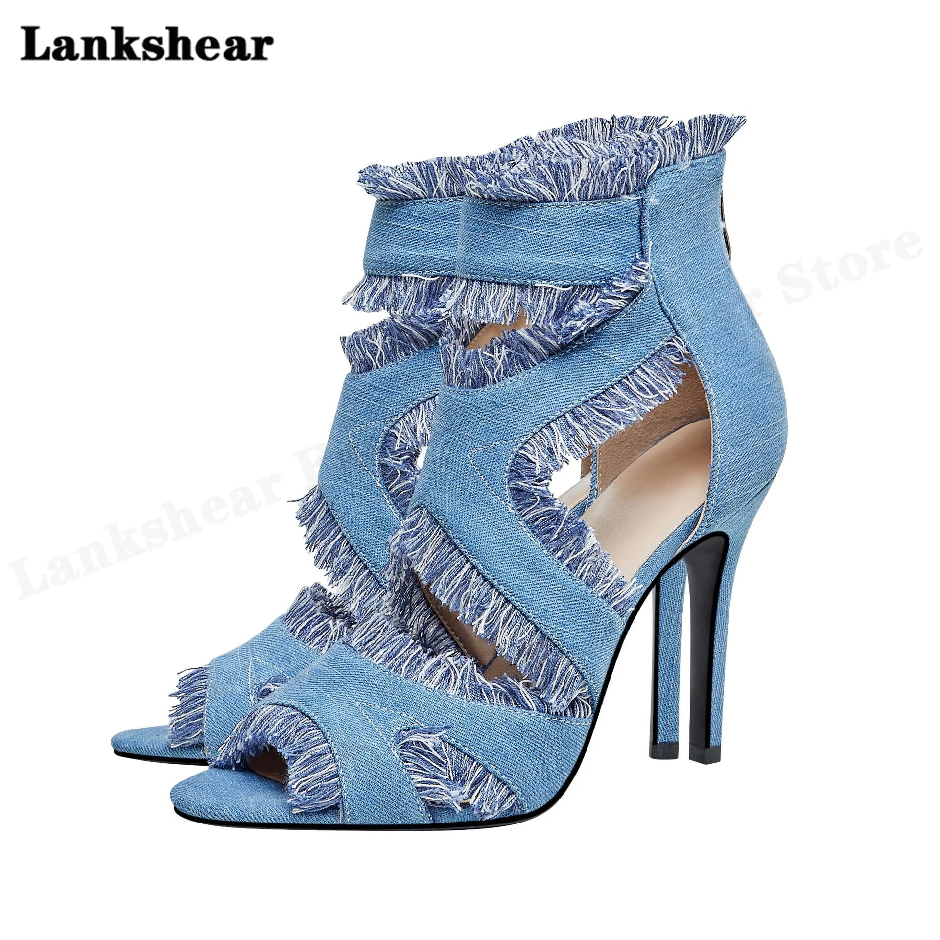 

2023 Spring and Summer New Style Fish Mouth Open Toe Denim Raw Edge Rear Zipper Stiletto High Heel Cool Boots for Women