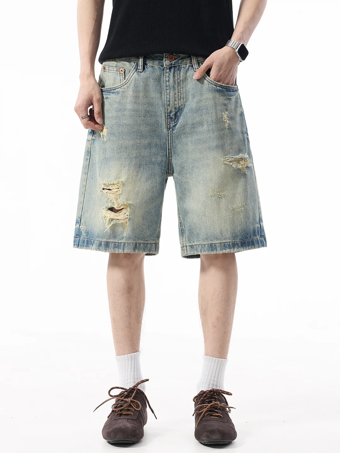 

High-End Vintage Men's Denim Shorts Summer New American Trend Loose Wide Leg Five Parts Straight Tube mid Waist Pants
