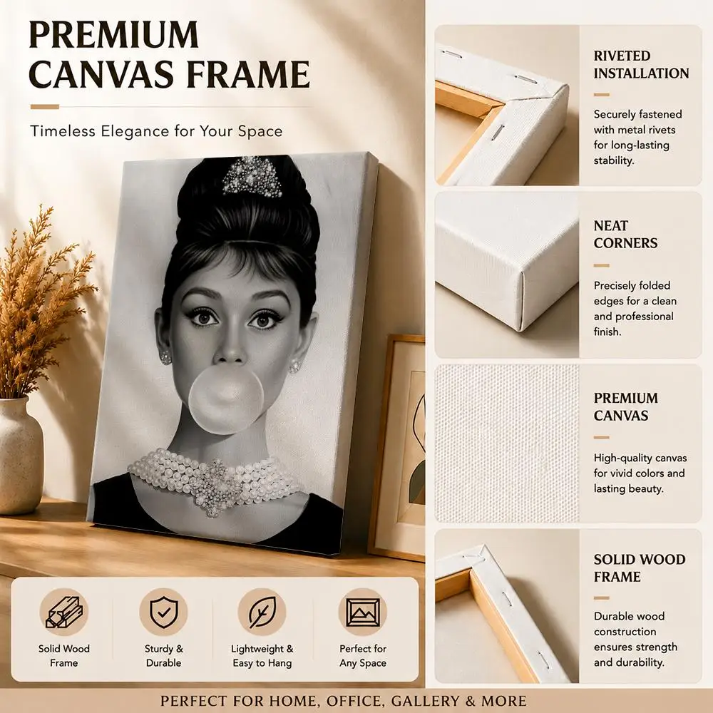 Vintage Actress A-Audrey Hepburn Framed Wall Painting Canvas Art Poster with Solid Wood Frame for Living Room Home Decor