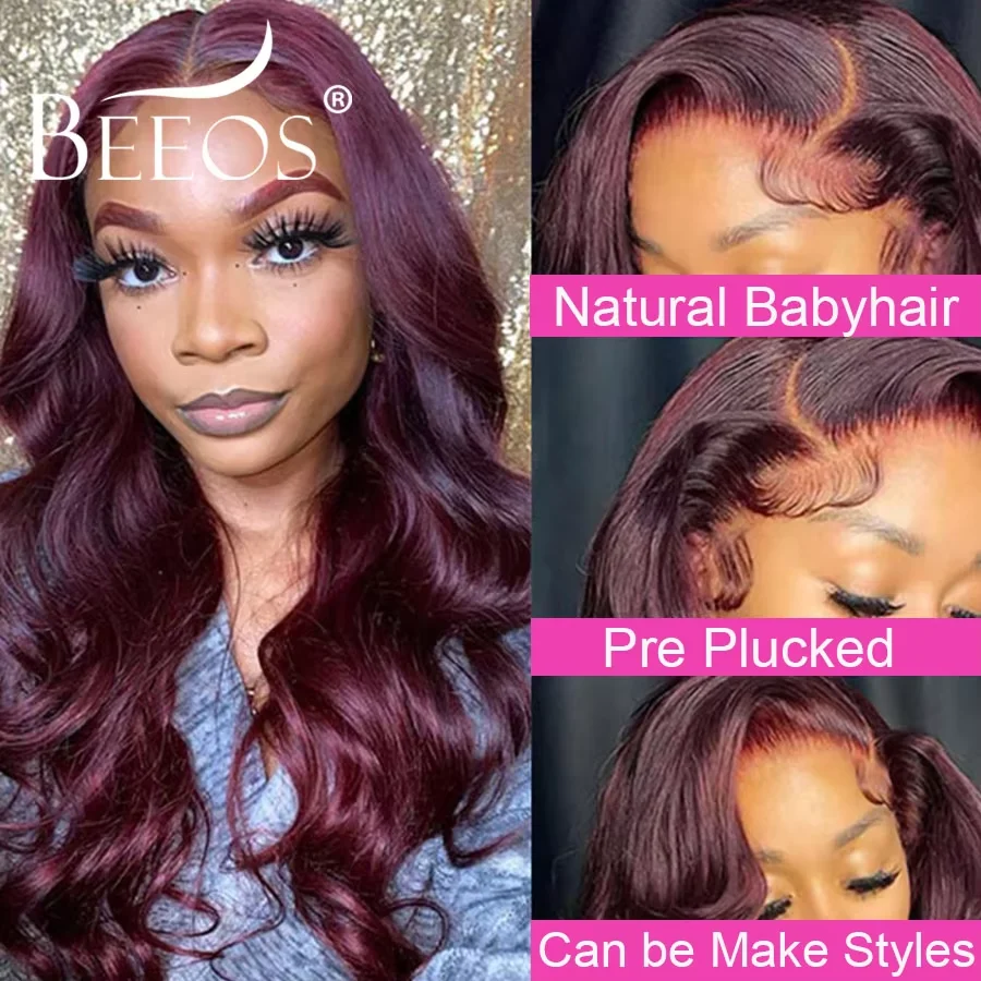 34in 99J أحمر داكن بورجوندي 13X6 HD الدانتيل شعر مستعار أمامي الباروكات الملونة الجسم موجة خصلات الشعر المستعار الإنسان سريعة Qeave شعر ريمي البرازيلي #2