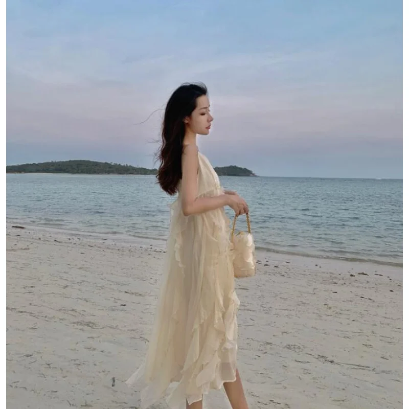 Real Shot French Style Fairy Vacation Beach Dress Women Hainan Sanya Travel Backless Strap Ruffle Dress