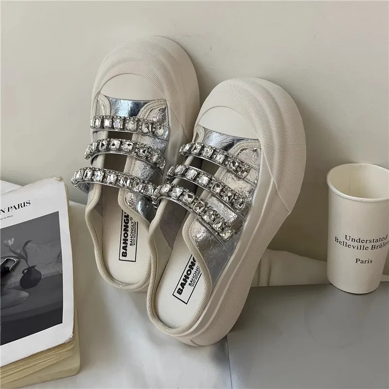 Korean Shoes Casual Female Sneakers All-Match Round Toe Crystal Clogs Platform 2024 Small Summer Rhinestone Creepers New Hook