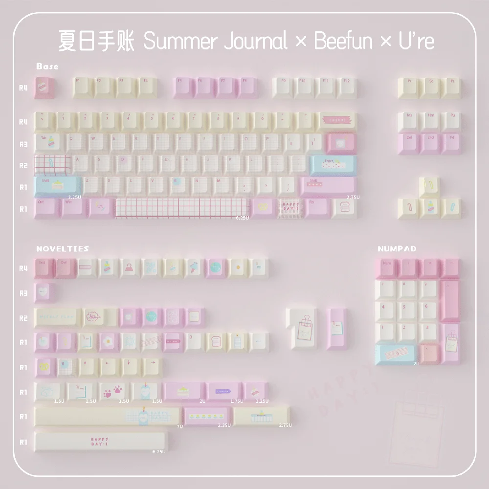 Summer Journal Keycaps Dye-sub Cherry Profile/MOA PBT Keycaps Set Pink Cute Key Caps For MX 61/68/96/104 Mechanical Keyboard