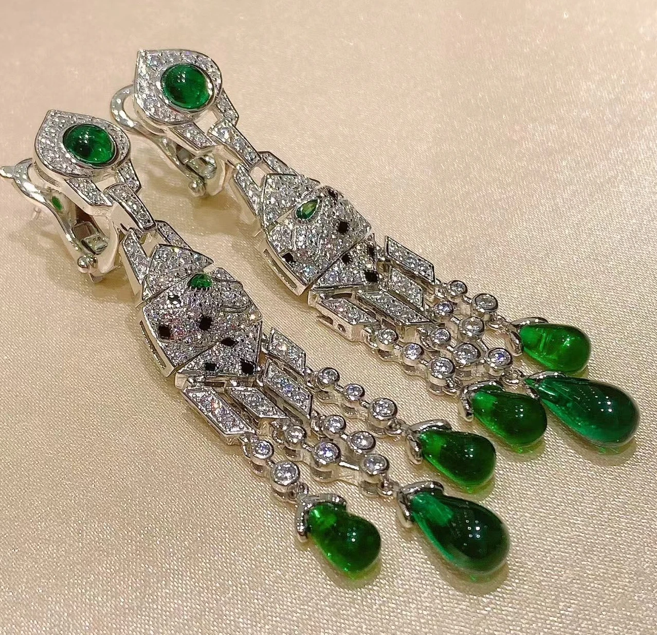 

KQDANCE 925 Silver Lab High Carbon Diamond Green Gemstone Black Leopard Print Water Drop Long Tassel Earrings Luxury Jewelry