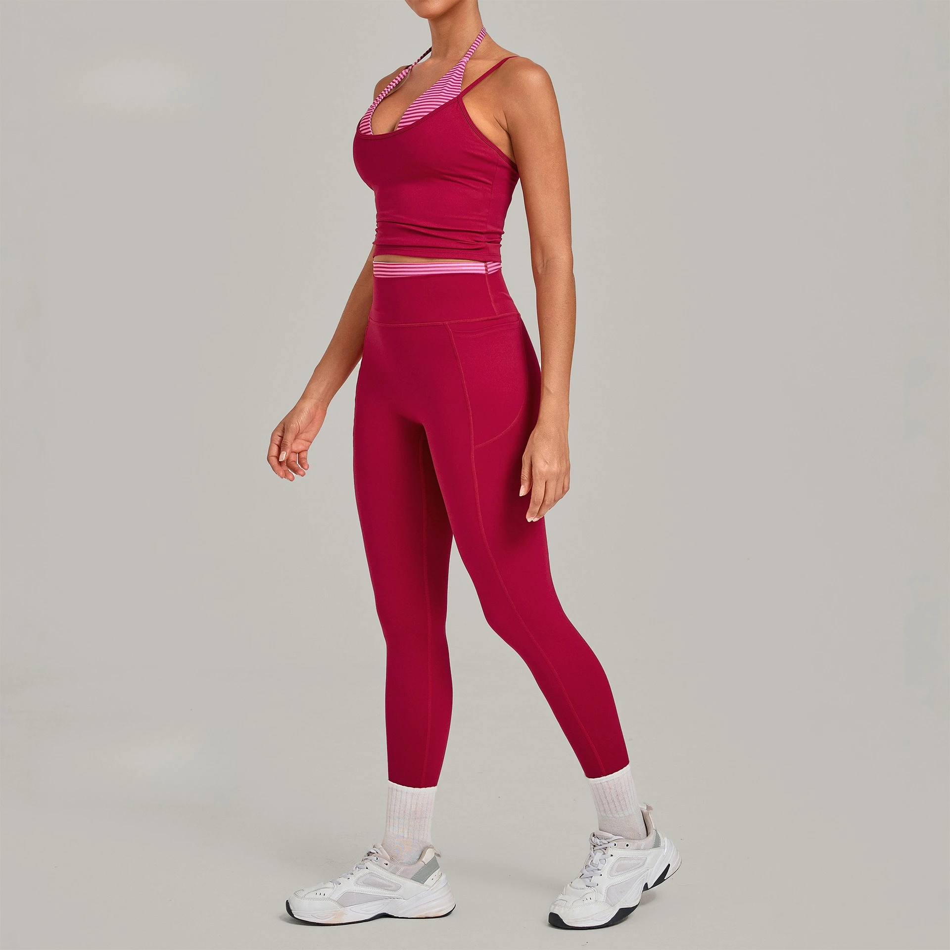 Vintage Print Yoga Set with Side Pockets Butt-lifting Leggings+Double Shoulder Strap Tank Top Built-in Bra Running Activewear