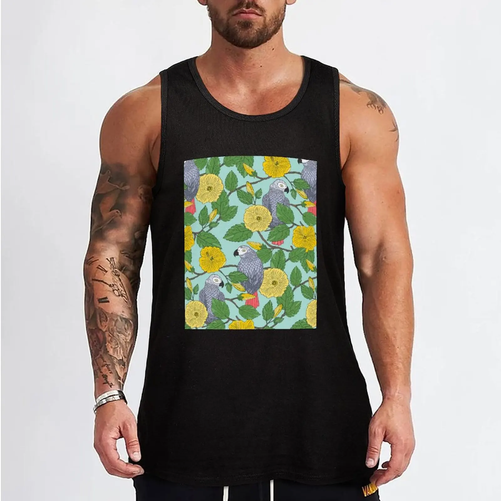 African Grey Parrots and Yellow Flowers Tank Top Men's gym articles fashion 2025 man