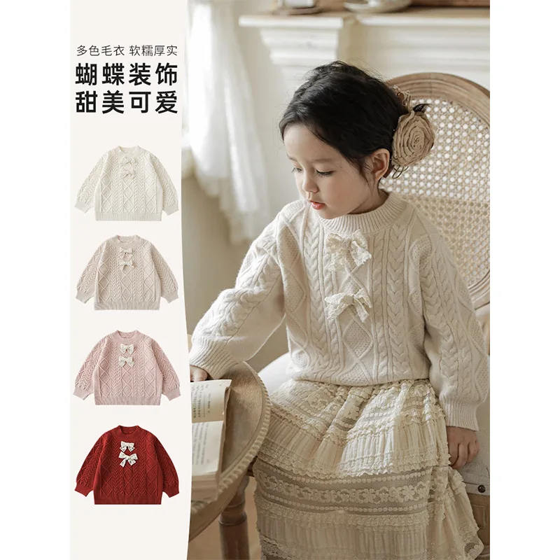 Girls' Butterfly Knot Sweater Warm Autumn 2023 New Children's Baby Sweet Cute Knit Top