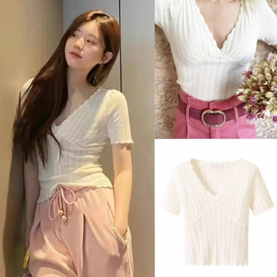 

Zhaolu Wave Large V Ne Lace Trim Slim ort Sve Knitted irt Women Base irt Korean Sle Commute Pure Cotton Wool