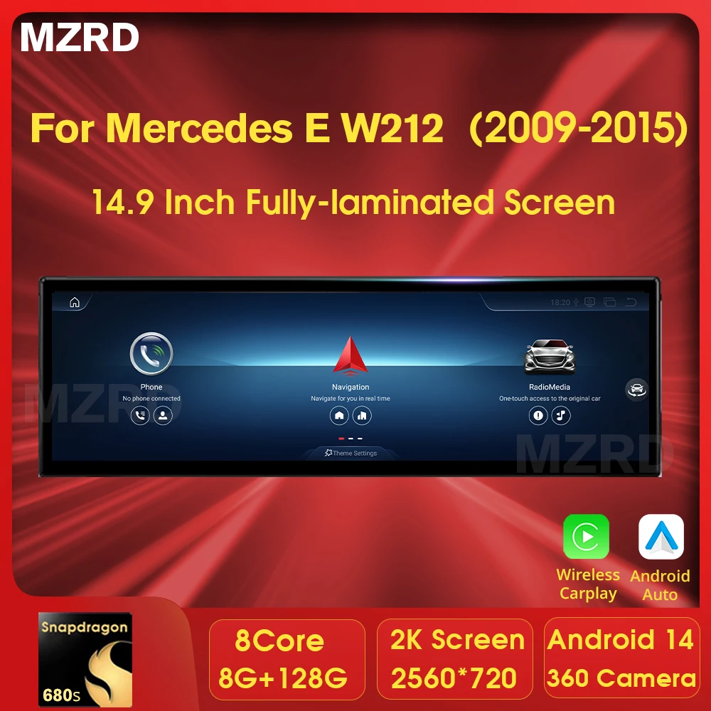 

MZRD 14,9 дюйма, Android 14 для Mercedes E Class W212 LHD NTG 4,0 4,5 5,0, беспроводной Carplay, автоматический мультимедийный плеер, головное устройство GPS BT