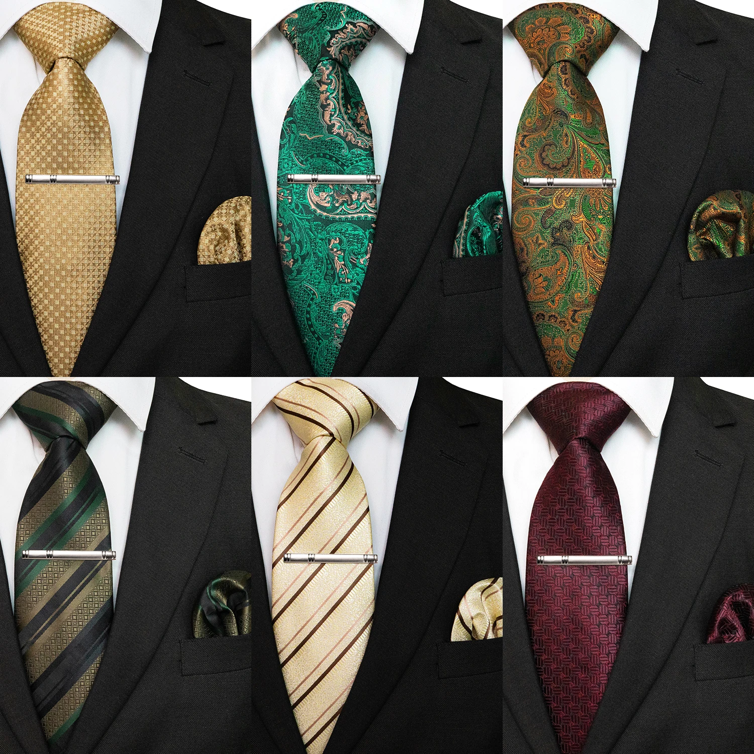 New 8CM Men Tie Blue Green Paisley Plaid Necktie Handkerchief Tie Clip Set Wedding Business Party Accessories Gift