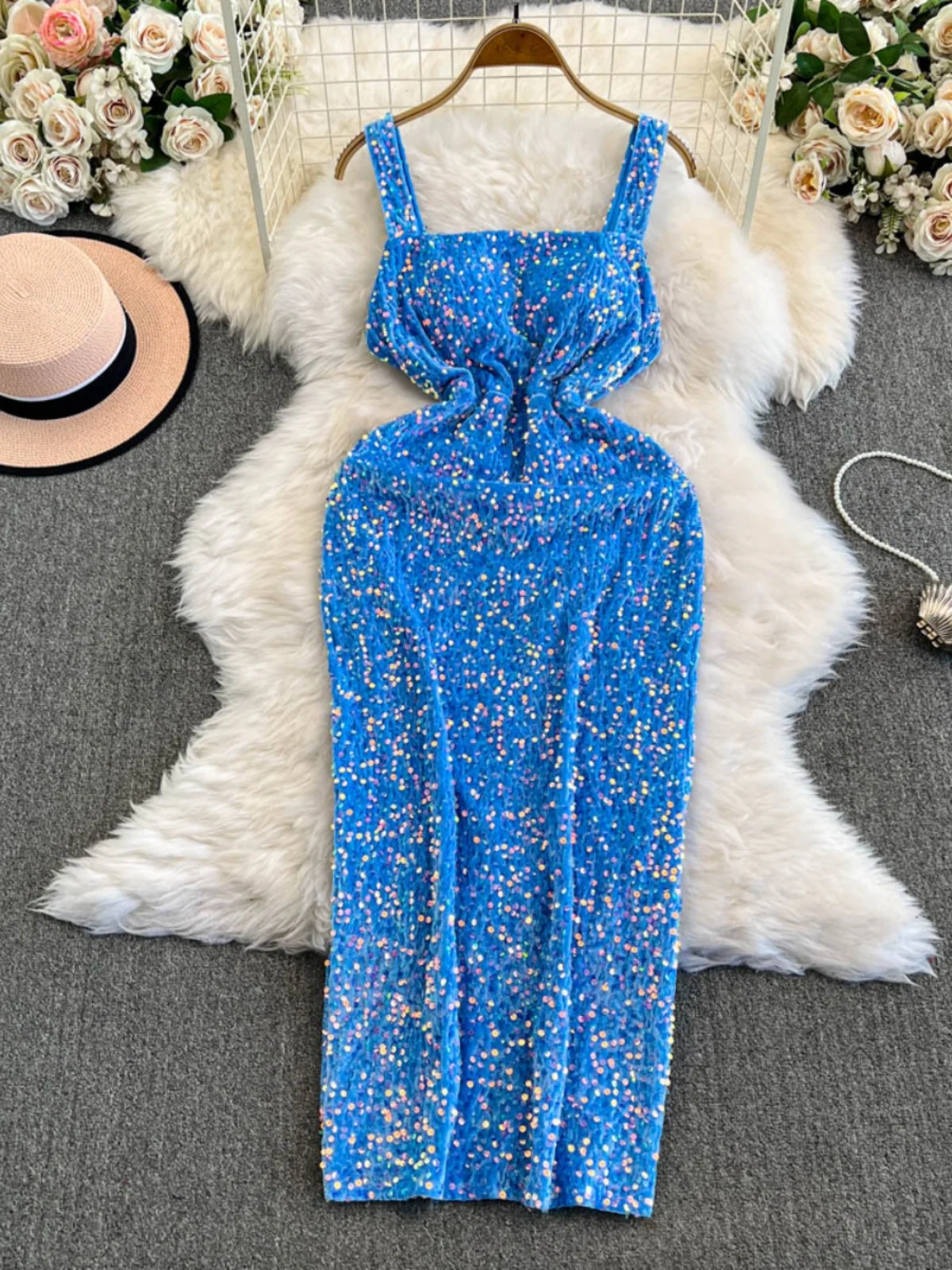 Gagaok French Style Women Dress Elegant Light Luxury High Waist Camisole Long Dresses Autumn Winter Sequins Split Bodycon