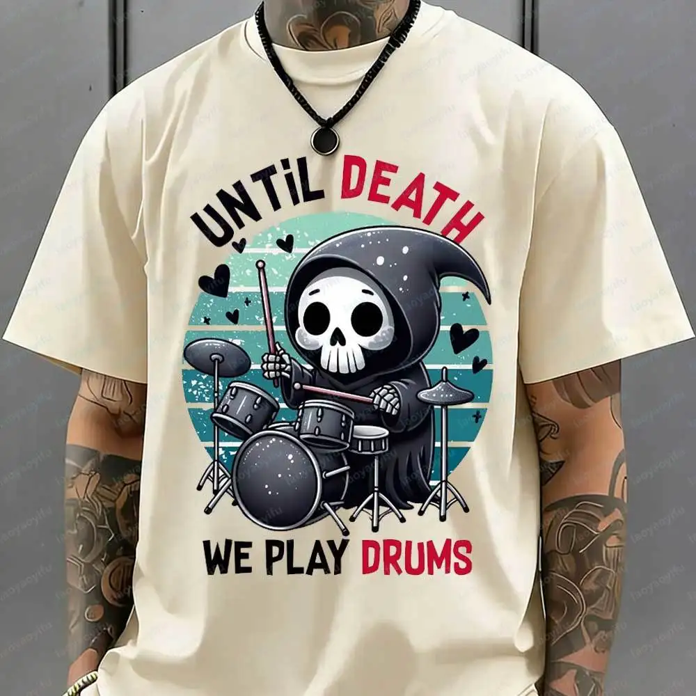 Men's Funny Until Death We Play Drums Cute Grim Reaper T-Shirt Retro Drummer Graphic Print Cotton Casual Music Lover Novelty Top