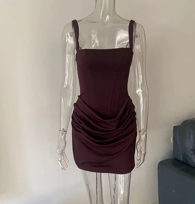 Rückenfreies, gerafftes, sexy figurbetontes Minikleid für Damen, elegantes Bandage-Kleid mit eckigem Ausschnitt, ärmellos, französischer Stil, süßes Club- und Partykleid – Detail 15