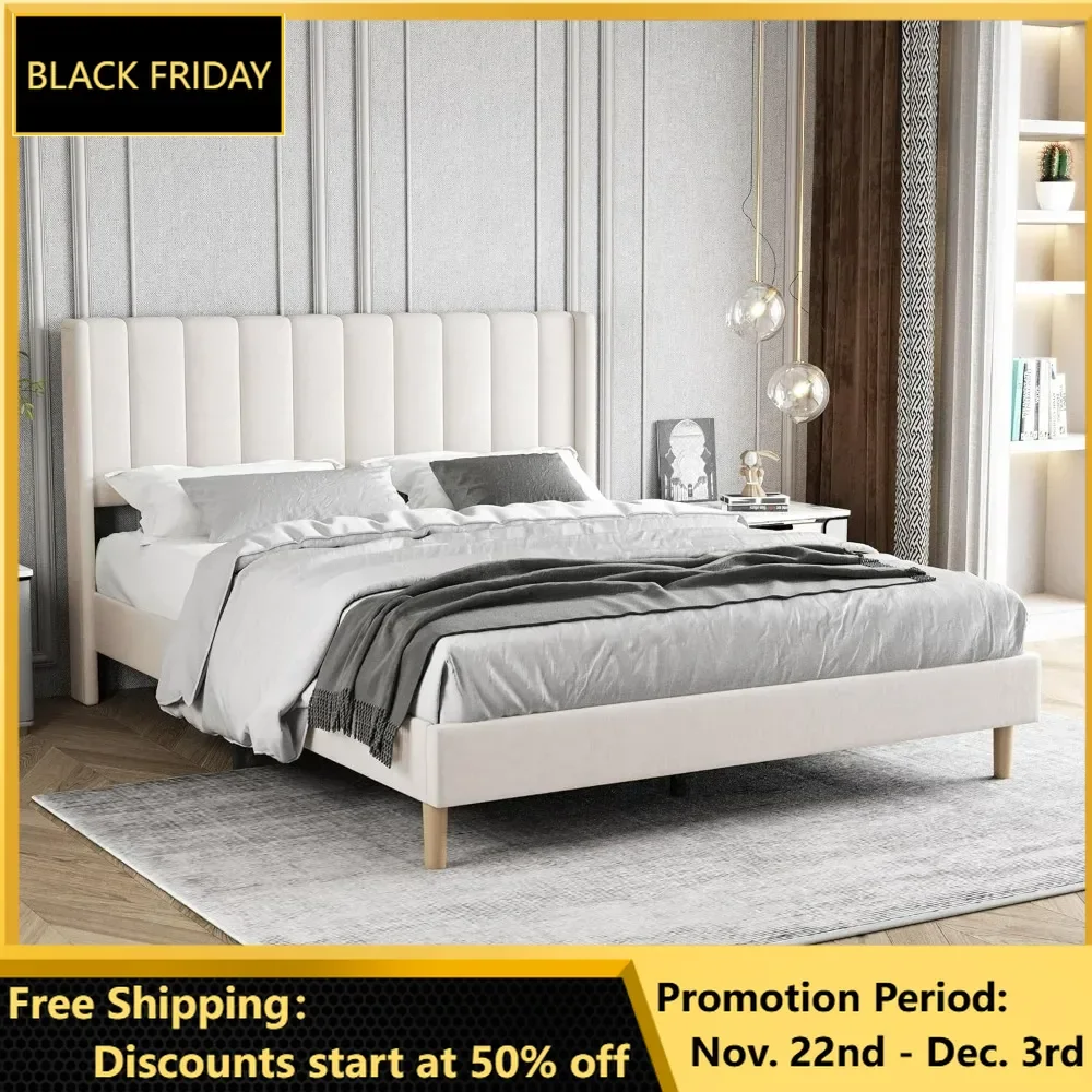 

Bed Frame, Upholstered Platform Bed Frame with Headboard, Wooden Slats Support No Box Spring Needed Easy Assembly, Queen Bed