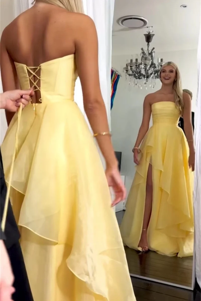 Women Strapless Chiffon Prom Dresses Ruffled Tiered Side Slit Floor Length A Line Formal Evening Wedding Guest Party Dresses