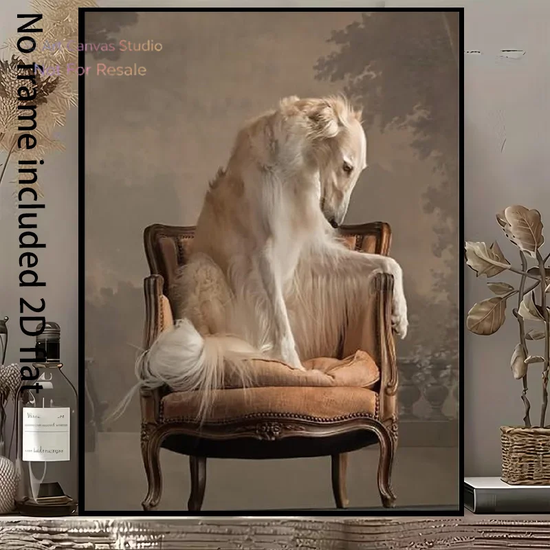 2D Flat, 2D Flat, [2D Flat] 1pc Decorative Canvas Painting Elegant White Long-Haired Dog Sitting on a Classic Carved Armchair