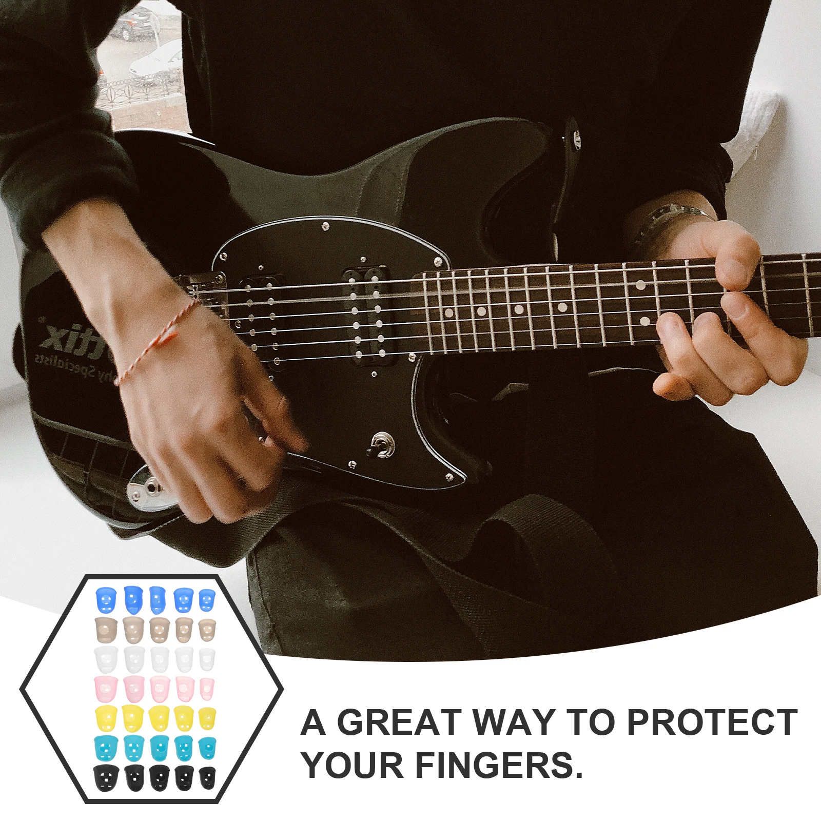 

35pcs Guitar Finger Protectors Silicone Covers for Beginners Practice Strumming Picking Yellow Grey Clear Sky Blue Dark Blue