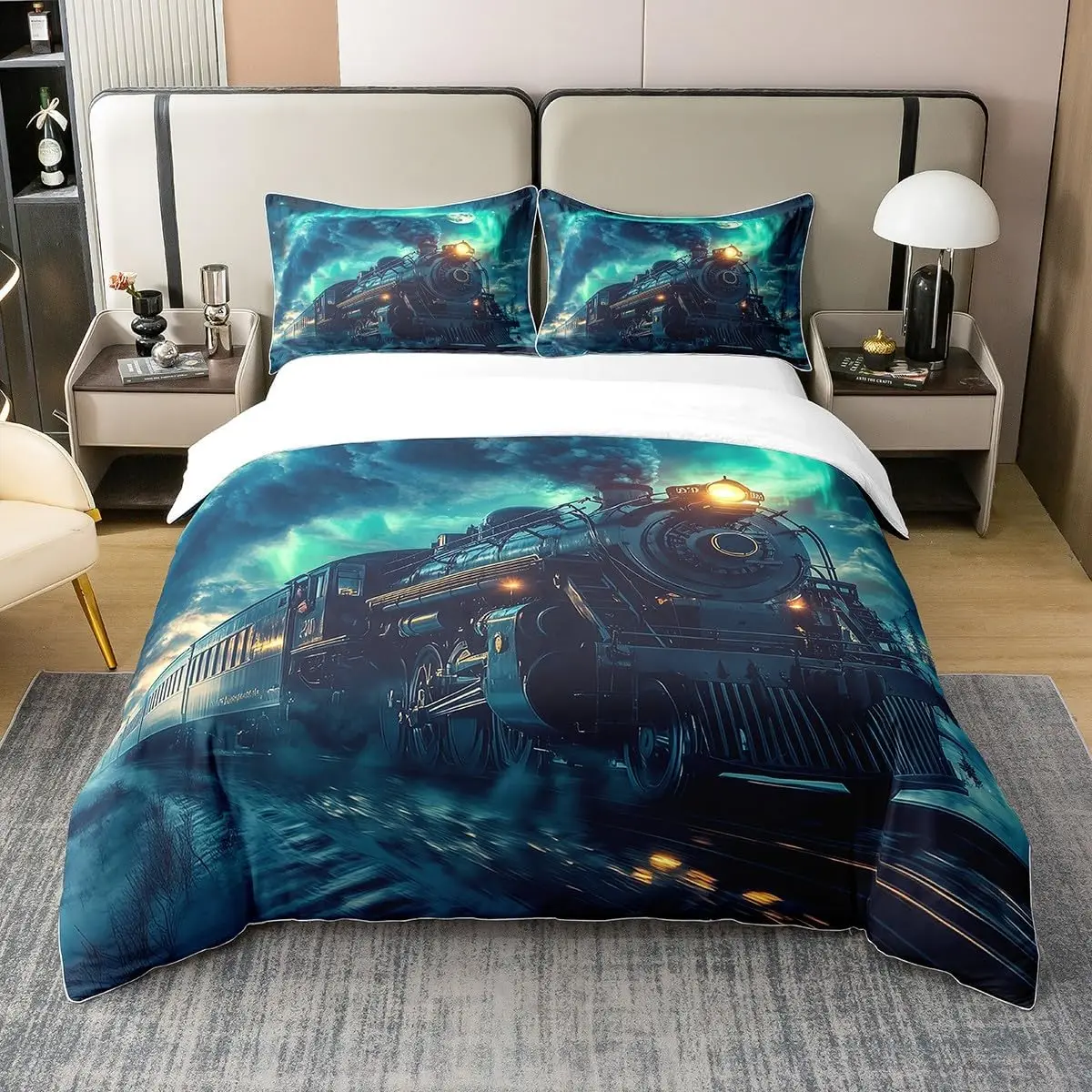 Vintage Steam Engine Duvet Cover Double Size Old Train Retro Locomotive Bedding Set With 2 Pillowcases Railway Track