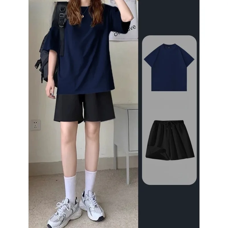 

Elegant women's simple and versatile casual loose fashion sports solid color short sleeved shorts set autumn new cotton