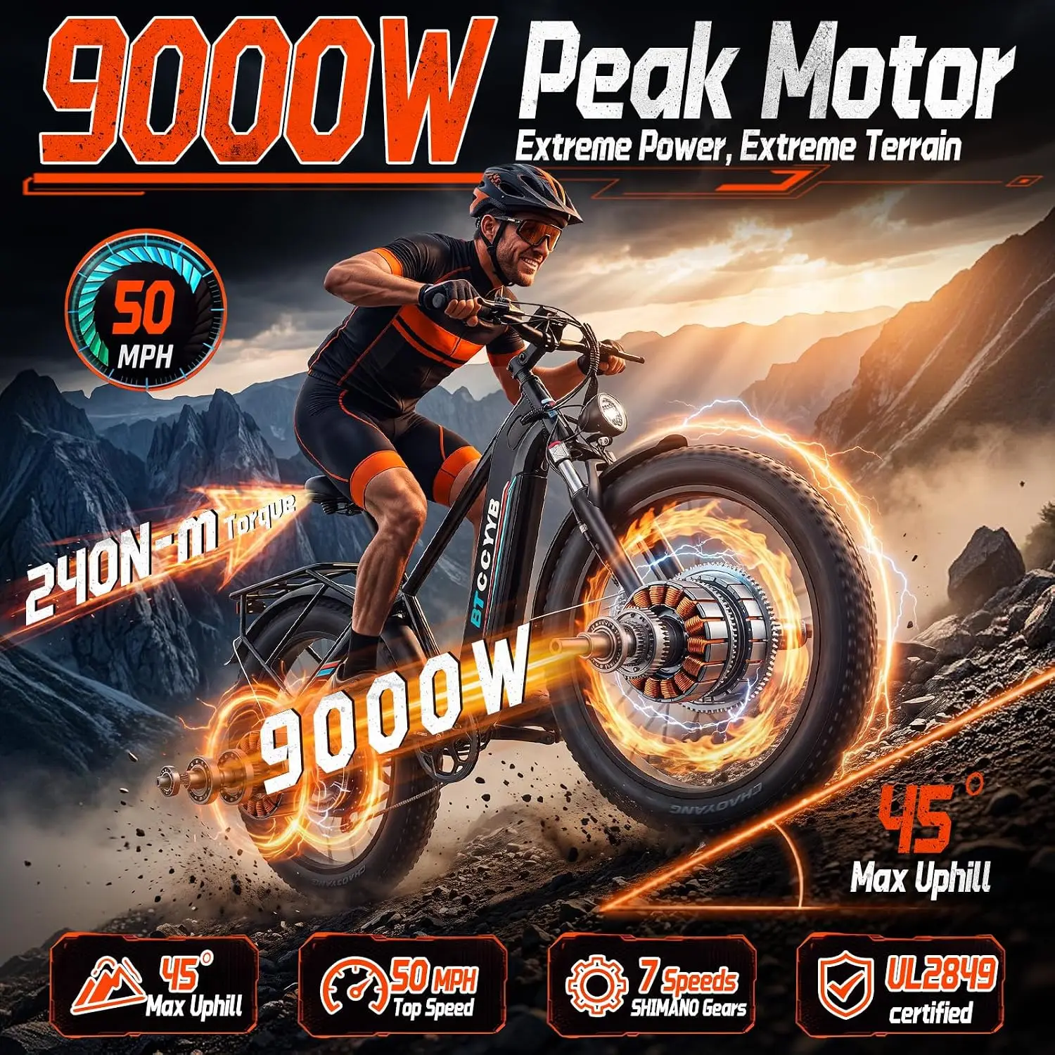 9000W Dual Motor Ebike Adults 50MPH 100Miles 26" Fat Tire Off Road Adjustable Stem Turn Signals Suspension, Customized