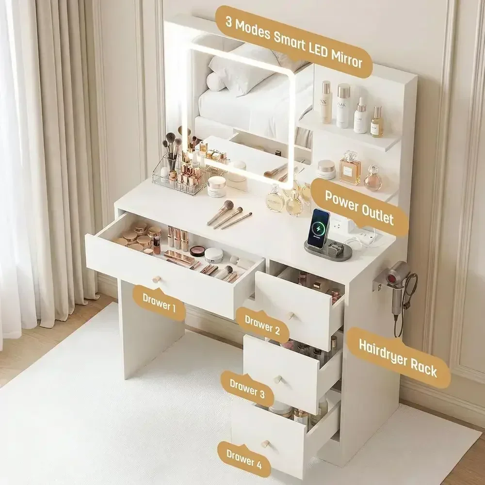 37 White Vanity Desk with Power Outlet, USB Ports, and 4-Direction Dimmable LED Mirror for Vanity or Bedroom Use
