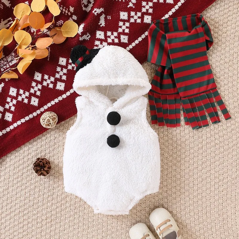 Newborn Infant Baby Boys Girls Snowman Costume Hooded Plush Fleece Romper with Scarf and Buttons Cute Christmas 0 24M