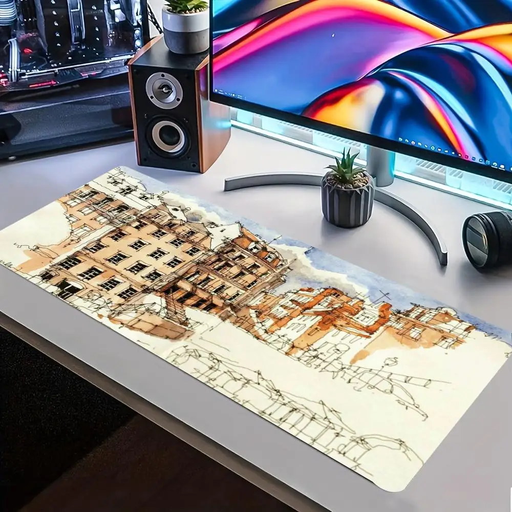 Urban Building Sketch Extended Gaming Mouse Pad Non Slip Desk Surface Vintage Watercolor City Architecture Art Print For Gaming