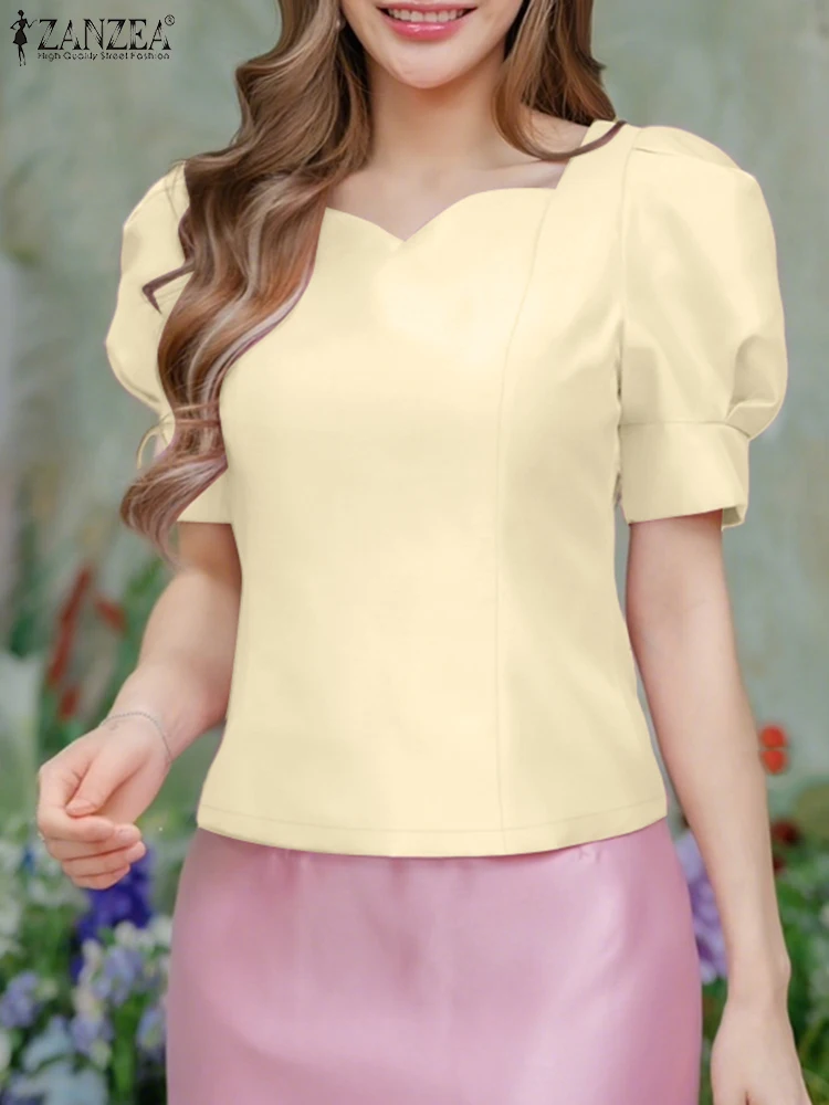ZANZEA Elegant Woman Shiny Satin Blouses Fashion Square Neck Short Puff Sleeve Blusas Mujer Summer 2025 Classy Solid Short Tops