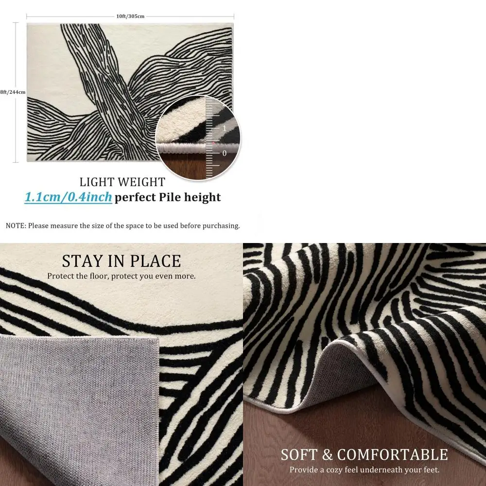 

8x10 Ft Black and White Abstract Washable Area Rug - Modern Striped for Home, Office, Playroom, Nursery