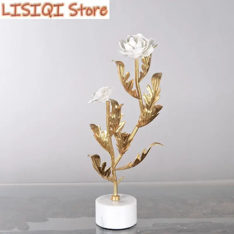 New Metal Handicraft Artificial Flower Sculpture Orchid Rose Golden Bough Decorative Metal Figurine Home Decoration Accessories