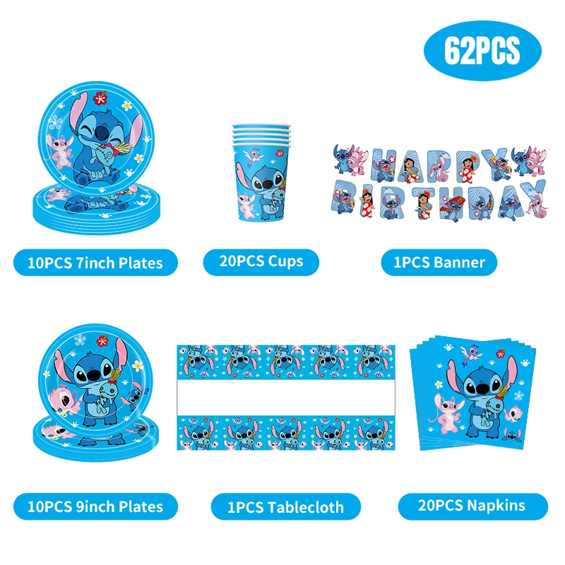 Disney Stitch Birthday Party Decorations Blue Pink Theme Tableware Set Lilo And Stitch Paper Cups Plates Tablecloth For Kids