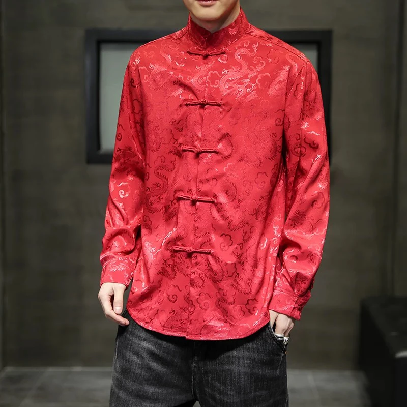 

Red Long Sve Ice Silk irt Мужской весенне-осенний смокинг Performance Top Китайский мухменская церемония брата