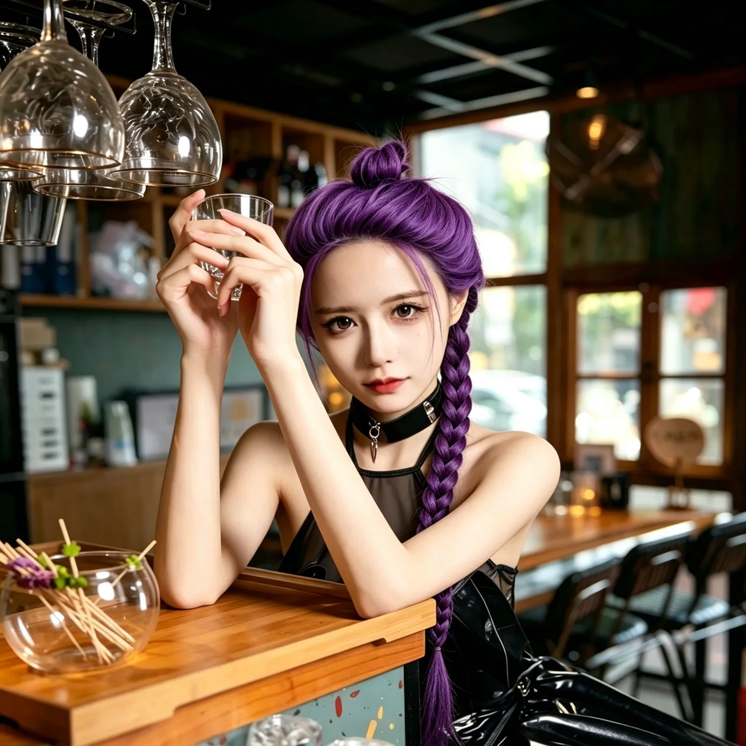 Cosplay Braided Wig Purple Long Straight With Bangs Heat Resistant Synthetic Wig 30 Inch
