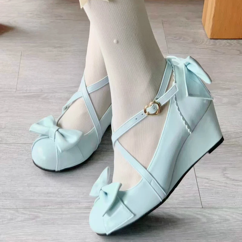 Japanese Original Retro Ancient Lo Shoes Women's Slope Heel Lolita Shoes Versatile Bow Round Pointed Mid Heel Pumps for Female view 6