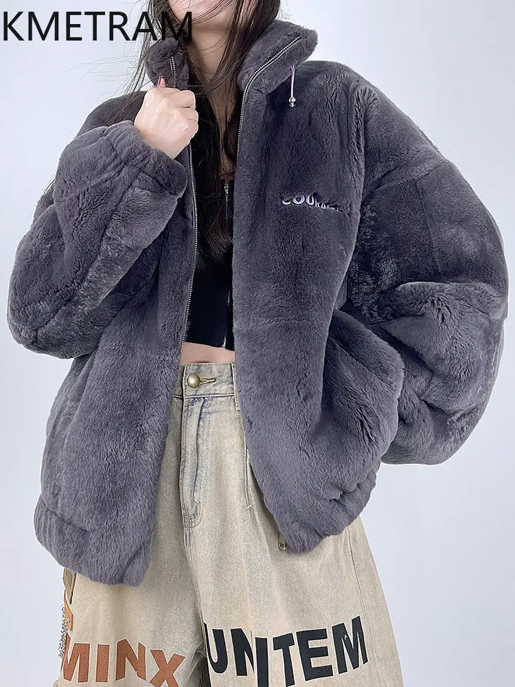 KMETRAM 100% Natural Whole Rex Rabbit Fur Jacket Women Fashion Oversize Coats Winter Real Fur Coat Woman Clothing 68cm 2026 шуба