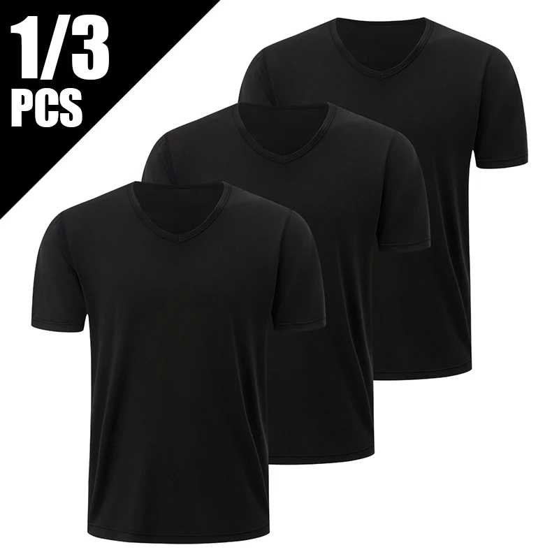 1/2/3 Piece Men's Solid Color Four Season Short Sleeved V-neck Sports And Comfortable Plus Size Youth Casual Base T-shirt