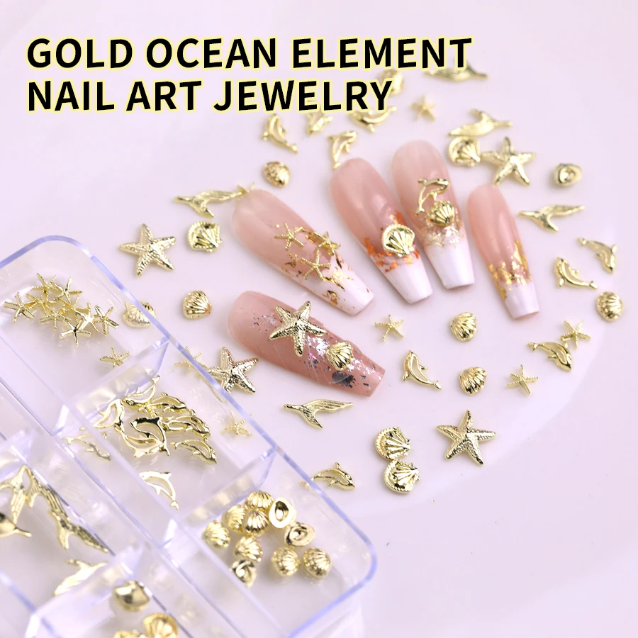 SANANIE 6 Grid Trendy Gold Ocean Theme Metal Nail DIY Charms Chic Sea Dolphin Starfish Shell Slice Flakes 3D Nail Art Decoration