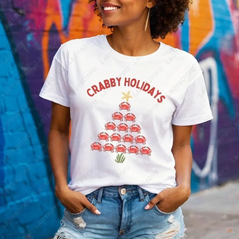 مضحك عيد الميلاد شجرة السلطعون الرجال النساء القطن التي شيرت المحيط الحياة عيد الميلاد الجمالية الشاطئ تيز العطلات البحرية عالم الأحياء عيد الميلاد القمم #4